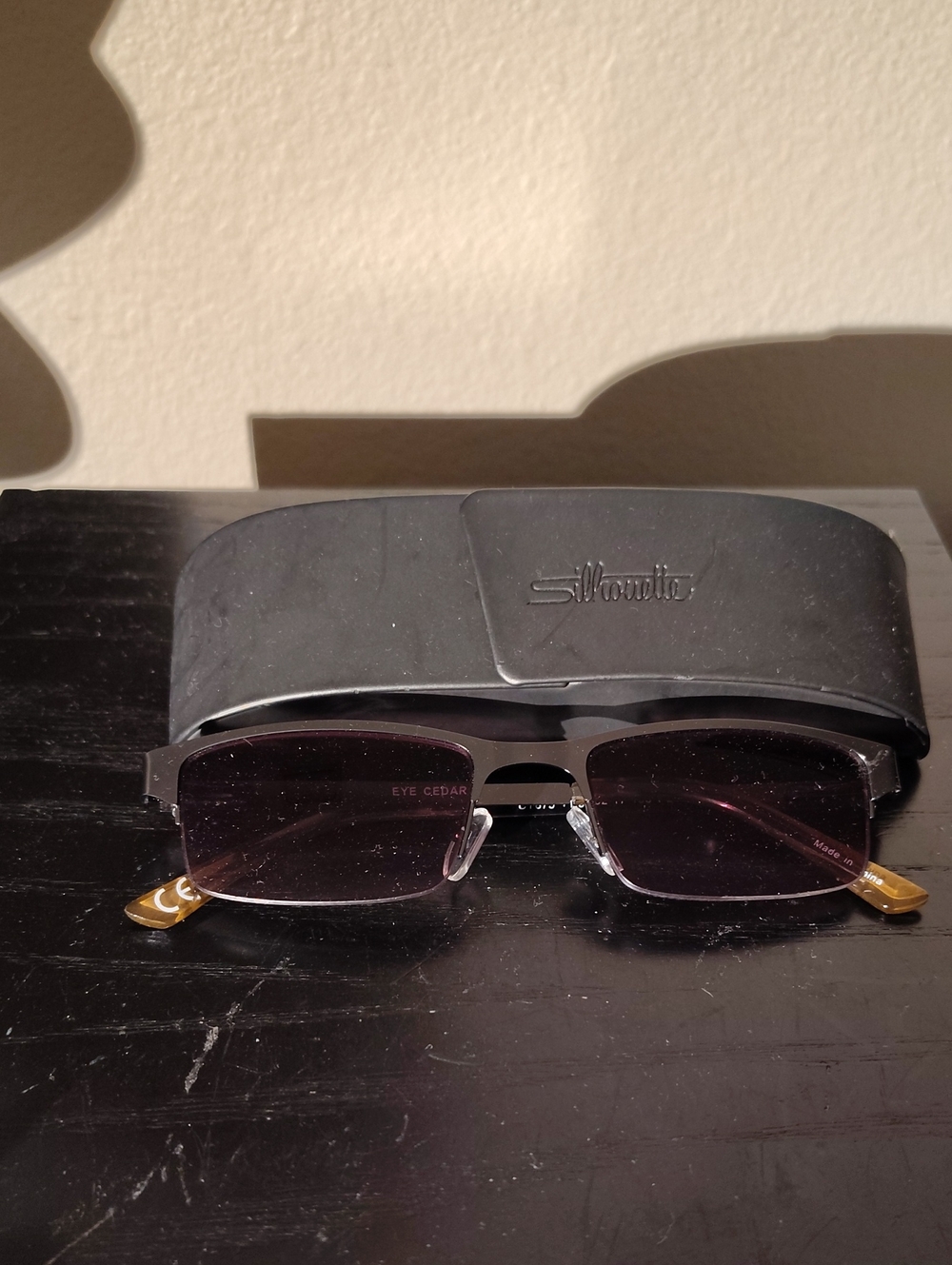 Silhouette Eye Cedar Rimless Sunglasses with Purple Lenses & Black Temples +150